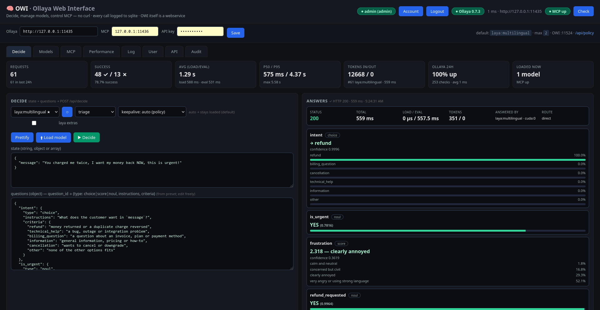 OWI — Decide tab with live metrics, model policy and answers